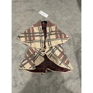 Ace Fashions Red Tan Blue Pattern ONE SIZE WOMEN'S PONCHO 20% WOOL 80% ACRYLIC